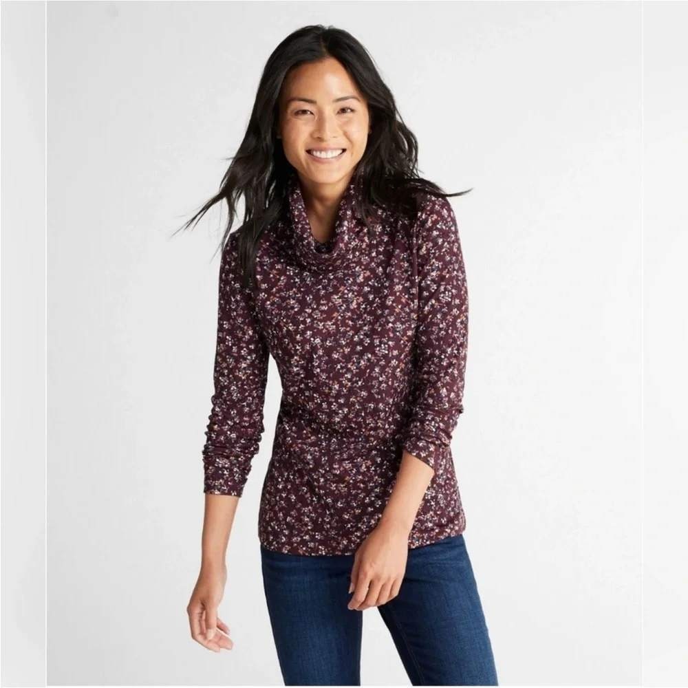 LL Bean Womens Supima Cotton Cowl Neck Confetti Long Sleeve Top Burgundy M-REG